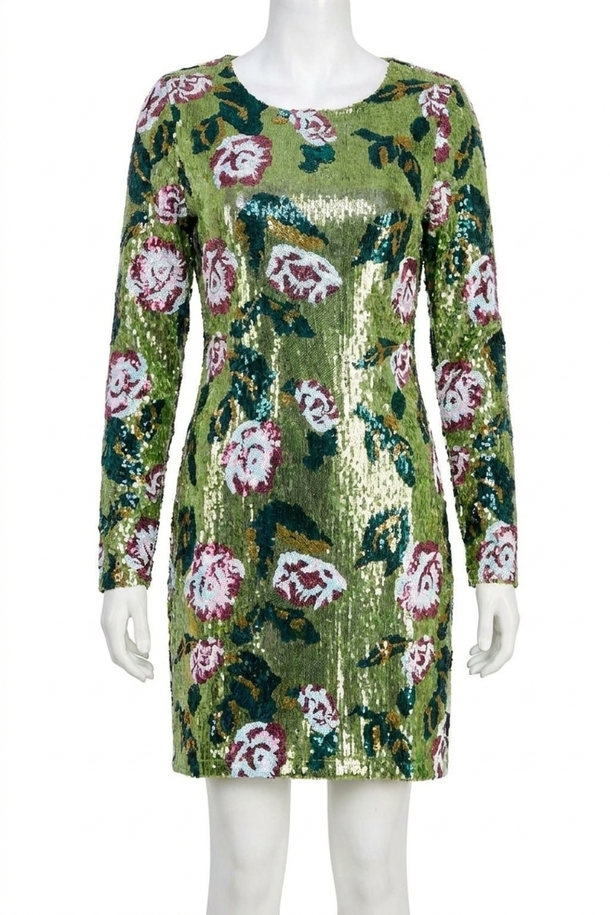 NEW SEE AND BE SEEN floral sequin long sleeve mini dress in green